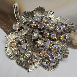 Vintage 70s BSK Signed Aurora Borealis Leaf Light Gold Brooch Evening Wedding